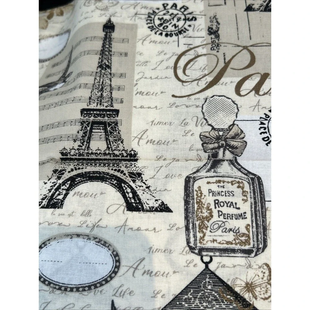 Paris Postcard Stamps Eiffel Tower France Cotton Quilting Fabric Music Notes